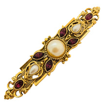 Load image into Gallery viewer, Vintage gold tone pearl rhinestones designer brooch

