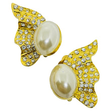 Load image into Gallery viewer, Vintage gold tone pearl rhinestones designer clip on earrings
