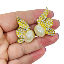 Load image into Gallery viewer, Vintage gold tone pearl rhinestones designer clip on earrings
