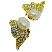 Load image into Gallery viewer, Vintage gold tone pearl rhinestones designer clip on earrings
