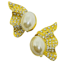Load image into Gallery viewer, Vintage gold tone pearl rhinestones designer clip on earrings
