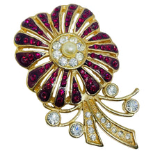 Load image into Gallery viewer, Vintage gold tone pearl ruby rhinestones designer flower brooch
