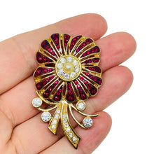 Load image into Gallery viewer, Vintage gold tone pearl ruby rhinestones designer flower brooch
