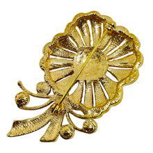 Load image into Gallery viewer, Vintage gold tone pearl ruby rhinestones designer flower brooch
