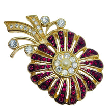 Load image into Gallery viewer, Vintage gold tone pearl ruby rhinestones designer flower brooch
