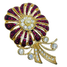 Load image into Gallery viewer, Vintage gold tone pearl ruby rhinestones designer flower brooch

