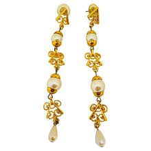 Load image into Gallery viewer, Vintage gold tone pearls long drop post earrings
