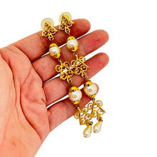 Load image into Gallery viewer, Vintage gold tone pearls long drop post earrings
