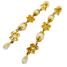 Load image into Gallery viewer, Vintage gold tone pearls long drop post earrings
