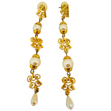 Load image into Gallery viewer, Vintage gold tone pearls long drop post earrings
