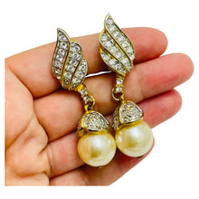 Load image into Gallery viewer, Vintage gold tone pearls rhinestones dangle designer clip on earrings
