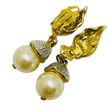 Load image into Gallery viewer, Vintage gold tone pearls rhinestones dangle designer clip on earrings
