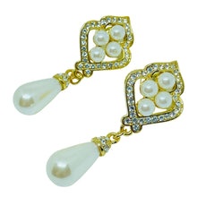 Load image into Gallery viewer, Vintage gold tone pearls rhinestones dangle designer pierced earrings

