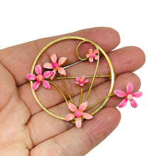 Load image into Gallery viewer, Vintage gold tone pink enamel flowers designer brooch
