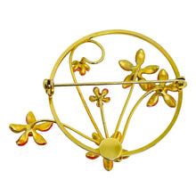 Load image into Gallery viewer, Vintage gold tone pink enamel flowers designer brooch
