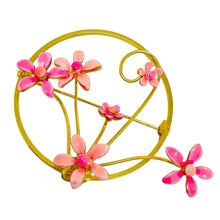 Load image into Gallery viewer, Vintage gold tone pink enamel flowers designer brooch
