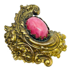 Load image into Gallery viewer, Vintage gold tone pink glass cabochon ornate brooch
