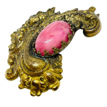 Load image into Gallery viewer, Vintage gold tone pink glass cabochon ornate brooch
