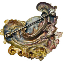 Load image into Gallery viewer, Vintage gold tone pink glass cabochon ornate brooch
