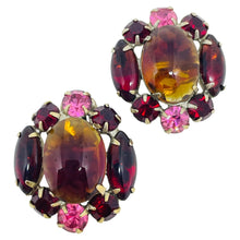 Load image into Gallery viewer, Vintage gold tone pink red watermelon glass rhinestones designer clip earrings

