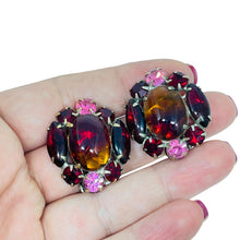 Load image into Gallery viewer, Vintage gold tone pink red watermelon glass rhinestones designer clip earrings
