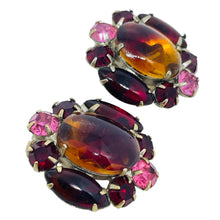 Load image into Gallery viewer, Vintage gold tone pink red watermelon glass rhinestones designer clip earrings
