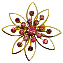 Load image into Gallery viewer, Vintage gold tone pink rhinestone flower designer brooch
