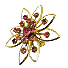 Load image into Gallery viewer, Vintage gold tone pink rhinestone flower designer brooch
