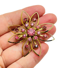 Load image into Gallery viewer, Vintage gold tone pink rhinestone flower designer brooch
