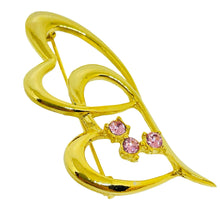 Load image into Gallery viewer, Vintage gold tone pink rhinestone heart designer brooch
