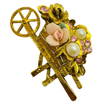 Load image into Gallery viewer, Vintage gold tone pink stones designer brooch
