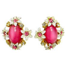 Load image into Gallery viewer, Vintage gold tone pink white flower designer screw back earrings
