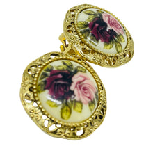 Load image into Gallery viewer, Vintage gold tone porcelain flowers designer clip on earrings
