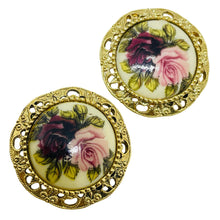 Load image into Gallery viewer, Vintage gold tone porcelain flowers designer clip on earrings
