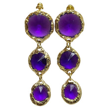 Load image into Gallery viewer, Vintage gold tone purple dangle glass designer dangle pierced earrings
