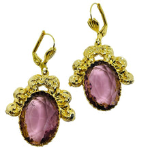 Load image into Gallery viewer, Vintage gold tone purple glass designer dangle earrings
