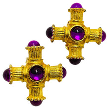 Load image into Gallery viewer, Vintage gold tone purple glass maltese cross designer runway clip on earrings
