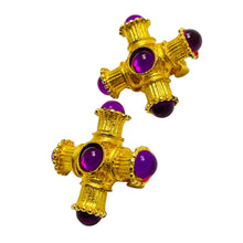 Load image into Gallery viewer, Vintage gold tone purple glass maltese cross designer runway clip on earrings
