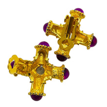 Load image into Gallery viewer, Vintage gold tone purple glass maltese cross designer runway clip on earrings
