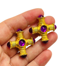Load image into Gallery viewer, Vintage gold tone purple glass maltese cross designer runway clip on earrings
