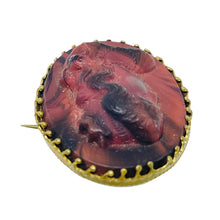 Load image into Gallery viewer, Vintage gold tone red black marbled glass cameo designer brooch
