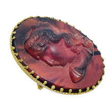 Load image into Gallery viewer, Vintage gold tone red black marbled glass cameo designer brooch
