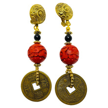 Load image into Gallery viewer, Vintage gold tone red cinnabar coin dangle clip on earrings
