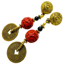 Load image into Gallery viewer, Vintage gold tone red cinnabar coin dangle clip on earrings
