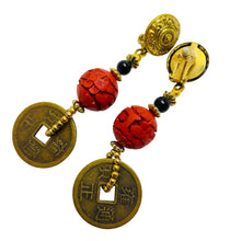 Load image into Gallery viewer, Vintage gold tone red cinnabar coin dangle clip on earrings
