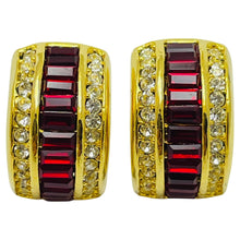 Load image into Gallery viewer, Vintage gold tone red clear rhinestone pierced earrings
