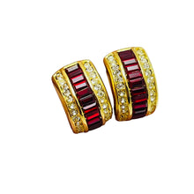 Load image into Gallery viewer, Vintage gold tone red clear rhinestone pierced earrings
