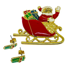 Load image into Gallery viewer, Vintage gold tone red enamel Christmas Santa designer brooch earrings set
