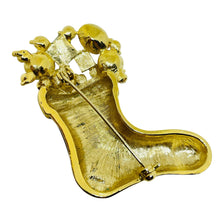 Load image into Gallery viewer, Vintage gold tone red enamel crystals Christmas stocking designer brooch
