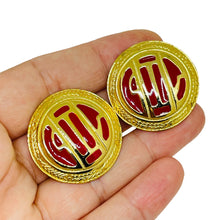 Load image into Gallery viewer, Vintage gold tone red enamel designer clip on earrings
